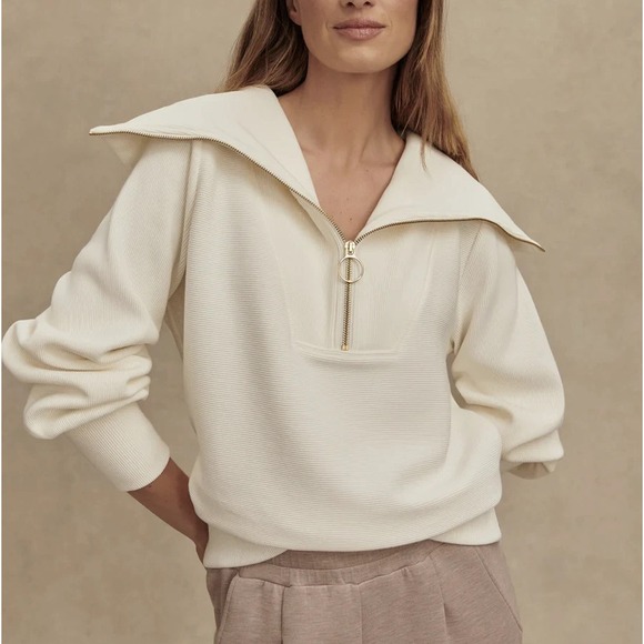 Varley Tops - Varley Vine Half Zip Ottoman Ribbed Knit Pullover Beige Top Women's Oversized XS
